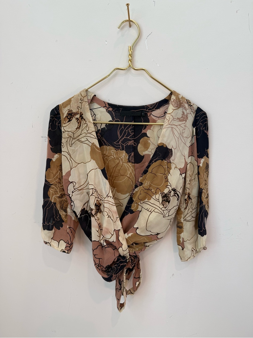 Tie-Front Floral Blouse - Black, Cream & Brown